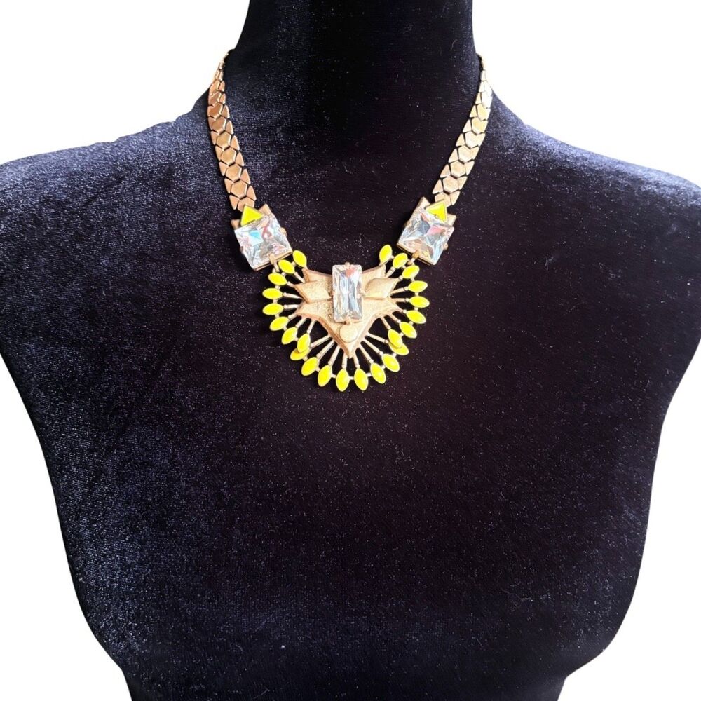 Stella & Dot Norah Yellow Enamel & Crystal Statement Necklace Hex Link Chain